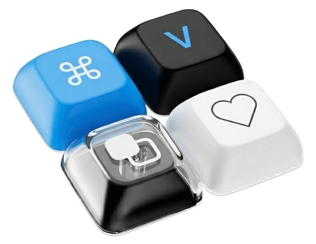 3D keycaps showing Command, V, clipboard, and heart keys